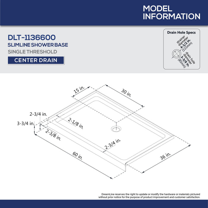 DreamLine DL-7007C-06 Encore 36"D x 60"W x 78 3/4"H Bypass Shower Door in Oil Rubbed Bronze and Center Drain White Base Kit