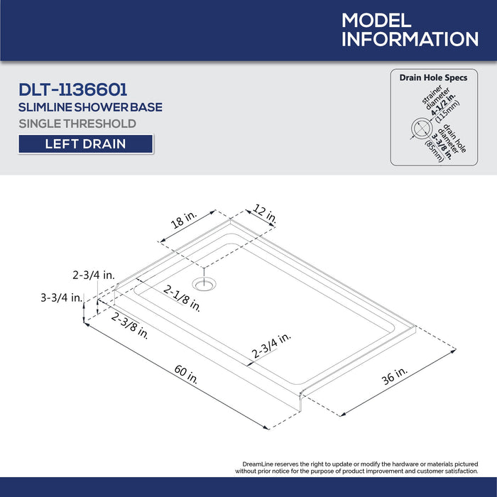 DreamLine D2096036XXL0004 Infinity-Z 36"D x 60"W x 78 3/4"H Sliding Shower Door, Base, and White Wall Kit in Brushed Nickel and Clear Glass