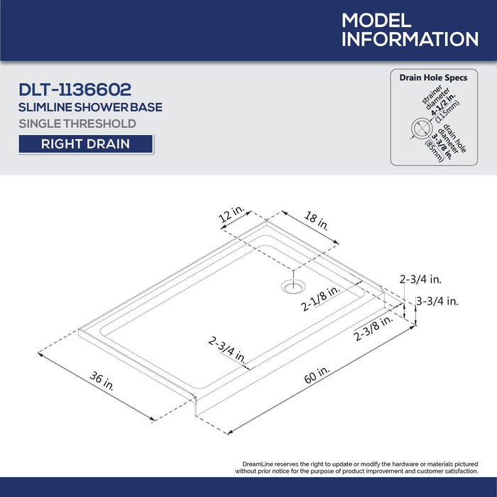 DreamLine DL-6973R-22-06 Infinity-Z 36"D x 60"W x 74 3/4"H Clear Sliding Shower Door in Oil Rubbed Bronze, Right Drain Biscuit Base