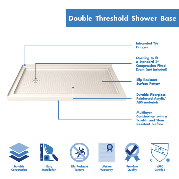 DreamLine DL-6720L-22-01 Flex 36"D x 60"W x 74 3/4"H Semi-Frameless Pivot Shower Enclosure in Chrome with Left Drain Biscuit Base Kit