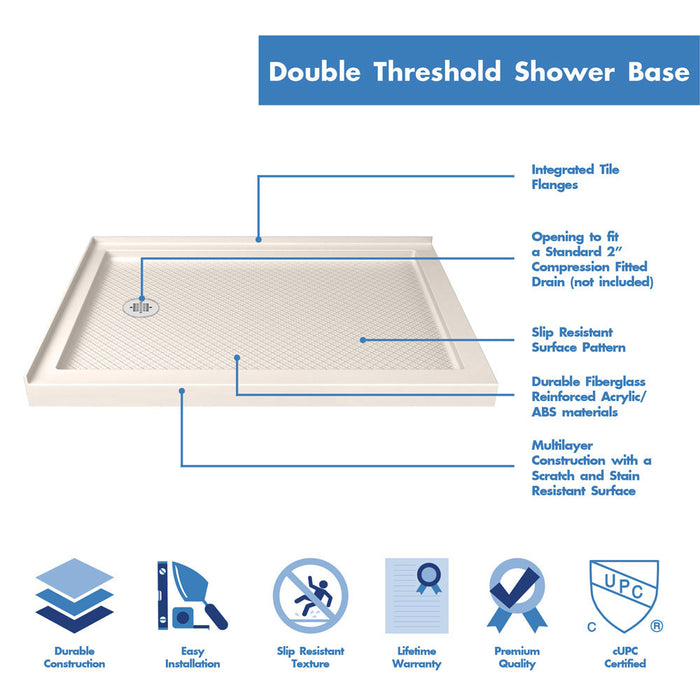 DreamLine DL-6719L-22-01 Flex 36"D x 48"W x 74 3/4"H Semi-Frameless Pivot Shower Enclosure in Chrome with Left Drain Biscuit Base Kit
