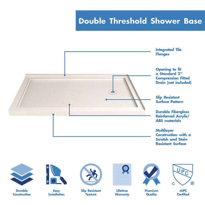 DreamLine DL-6720R-22-01 Flex 36"D x 60"W x 74 3/4"H Semi-Frameless Pivot Shower Enclosure in Chrome and Right Drain Biscuit Base Kit