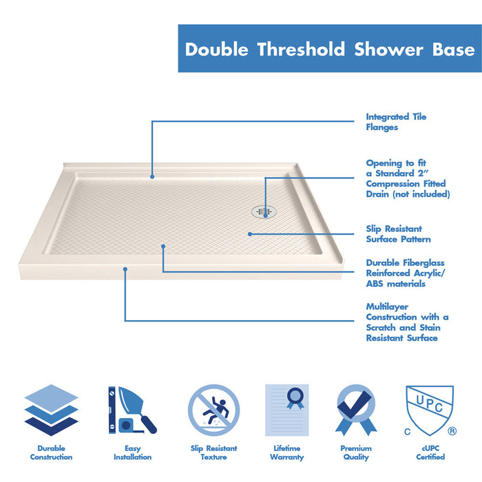 DreamLine DL-6719R-22-01 Flex 36"D x 48"W x 74 3/4"H Semi-Frameless Pivot Shower Enclosure in Chrome and Right Drain Biscuit Base Kit