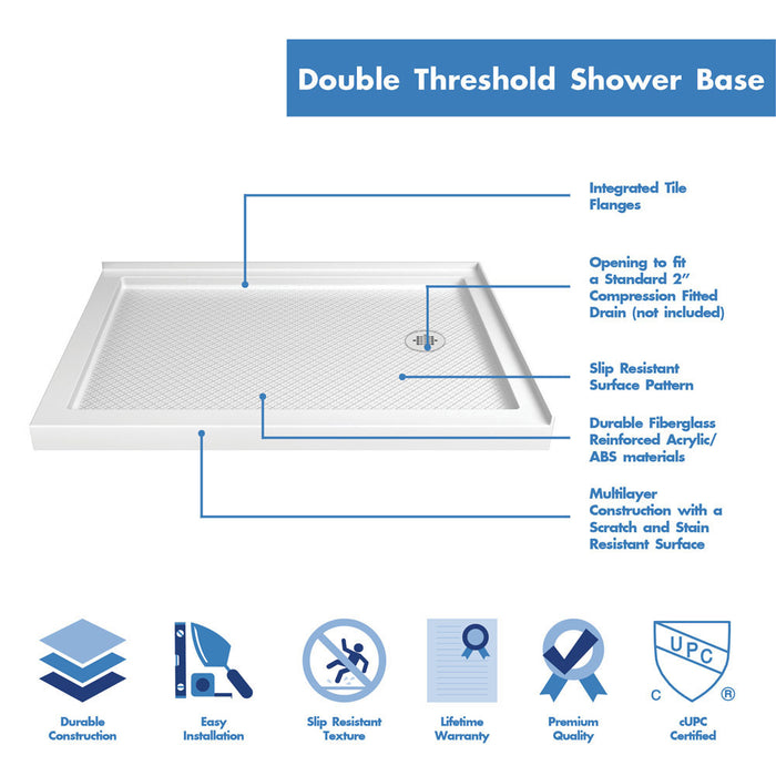 DreamLine DL-6719R-01CL Flex 36"D x 48"W x 74 3/4"H Semi-Frameless Pivot Shower Enclosure in Chrome with Right Drain White Base Kit