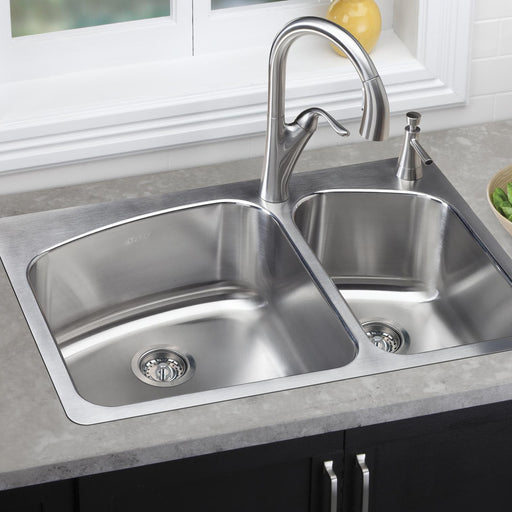 Elkay DPXSR2250R2L 33" x 22" Stainless Steel Double-Bowl Dual-Mount Sink in Premium Highlighted Satin