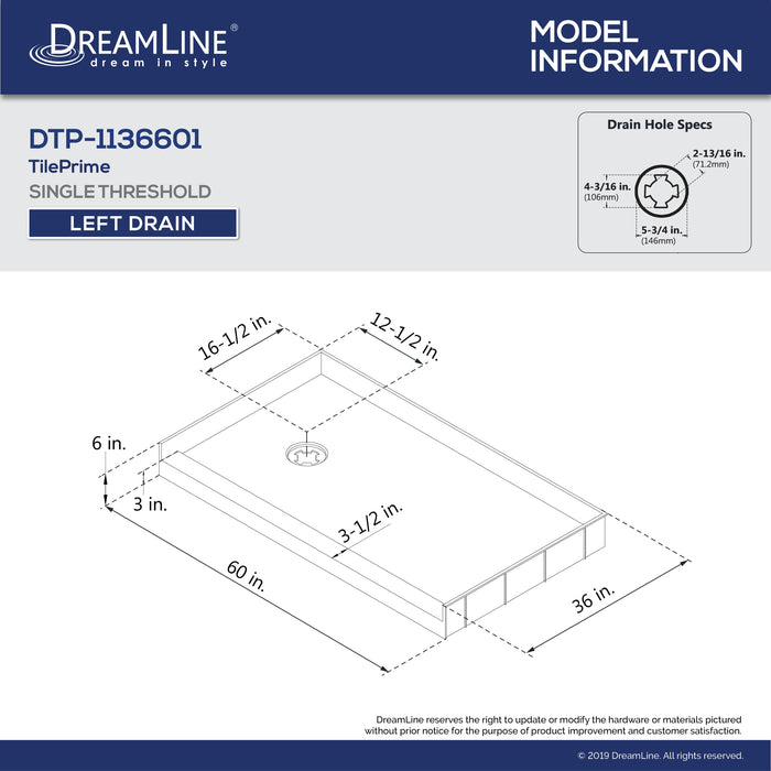 DreamLine DTP-1136601 TilePrime 36"D x 60"W x 3"H Single Threshold Shower Base, Left Drain