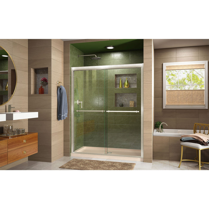 DreamLine DL-6951C-22-04 Duet 32"D x 60"W x 74 3/4"H Semi-Frameless Bypass Shower Door in Brushed Nickel, Center Drain Biscuit Base