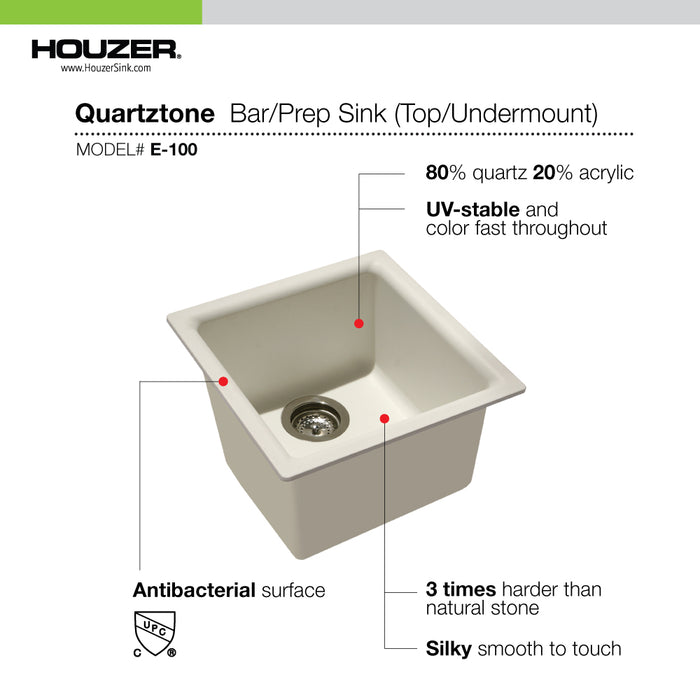 Houzer E-100 CLOUD Quartztone 16" Cloud Granite Composite Topmount or Undermount Single Bowl Bar Sink
