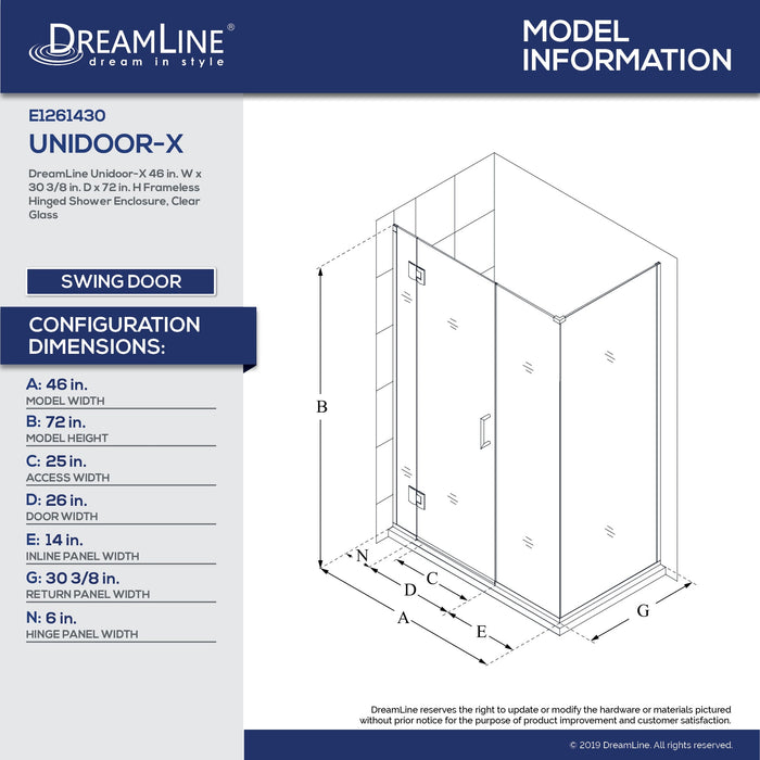 DreamLine E1261430-01 Unidoor-X 46"W x 30 3/8"D x 72"H Frameless Hinged Shower Enclosure in Chrome