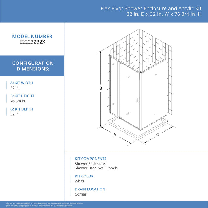 DreamLine E2223232XXQ0001 Flex 32"D x 32"W x 78 3/4"H Pivot Shower Enclosure, Base, and White Wall Kit in Chrome