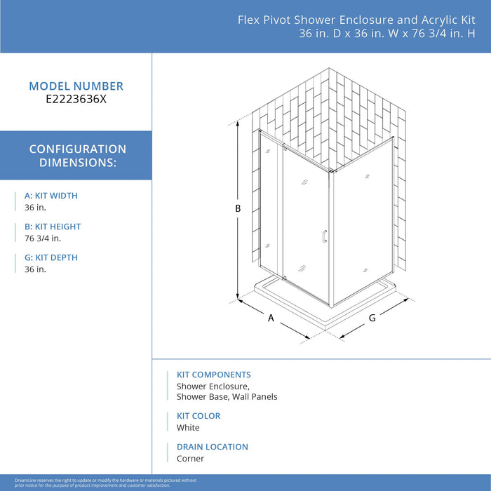 DreamLine E2223636XXQ0004 Flex 36"D x 36"W x 78 3/4"H Pivot Shower Enclosure, Base, and White Wall Kit in Brushed Nickel