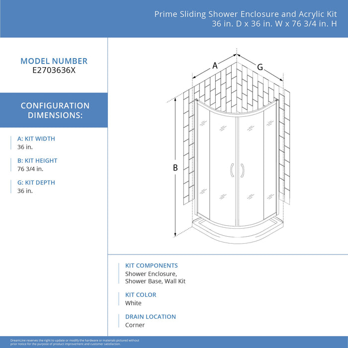 DreamLine E2703636XFQ0001 Prime 36" x 36" x 78 3/4"H Shower Enclosure, Base, and White Wall Kit in Chrome and Frosted Glass
