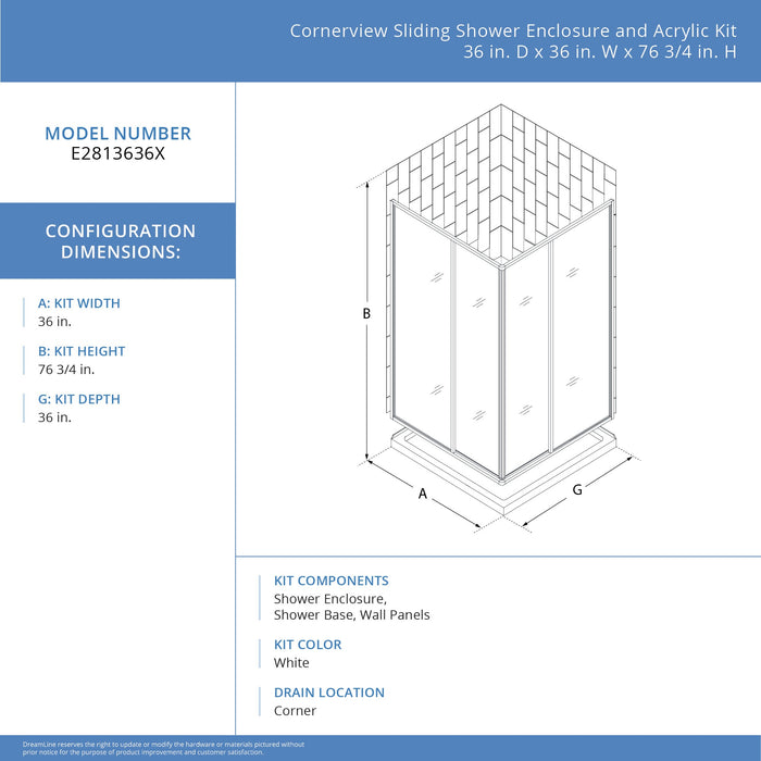 DreamLine E2813636XXQ0001 Cornerview 36"D x 36"W x 78 3/4"H Sliding Shower Enclosure, Base, and White Wall Kit in Chrome