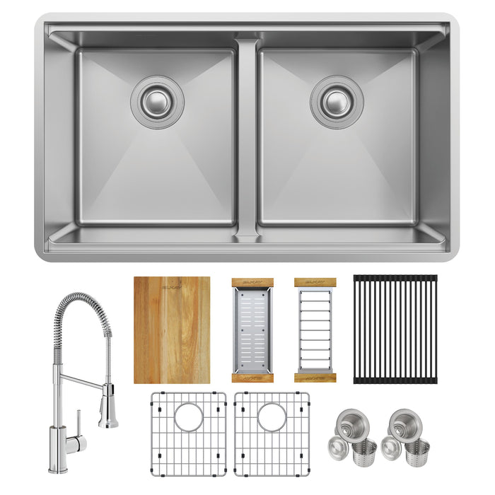 Elkay ECTRUA31169TFCW 31-1/2" x 18-1/2" Stainless Steel Double-Bowl Undermount Kitchen Sink Kit in Polished Satin