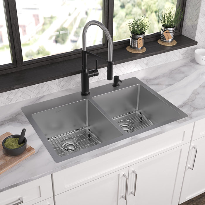 Elkay ECTSR33229TBGFR2 33" x 22" Stainless Steel Double-Bowl Dual-Mount Kitchen Sink Kit in Polished Satin