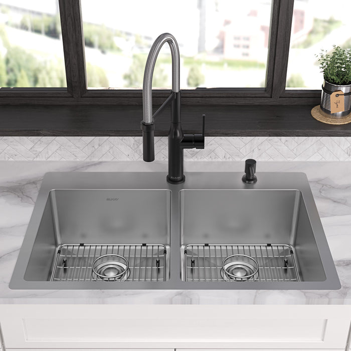 Elkay ECTSR33229TBGFR2 33" x 22" Stainless Steel Double-Bowl Dual-Mount Kitchen Sink Kit in Polished Satin