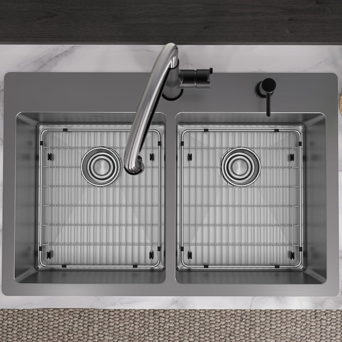 Elkay ECTSR33229TBGFR2 33" x 22" Stainless Steel Double-Bowl Dual-Mount Kitchen Sink Kit in Polished Satin