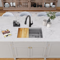 Kitchen workstation sink with wood cutting board, drying rack and faucet