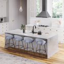 Wide view of a kitchen island with a stainless steel workstation sink