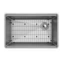 Overhead view of a stainless steel workstation sink with protective bottom grid