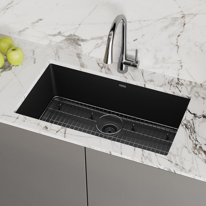 Elkay ELGRU13322BK0C 33" x 18-23/50" Quartz Single-Bowl Undermount Kitchen Sink Kit in Black