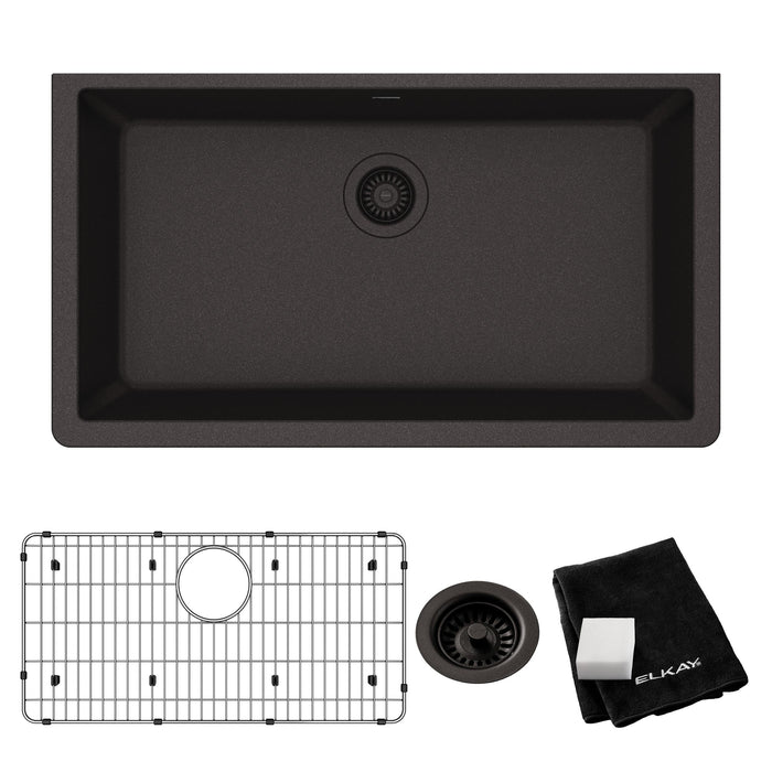 Elkay ELGRU13322BK0C 33" x 18-23/50" Quartz Single-Bowl Undermount Kitchen Sink Kit in Black