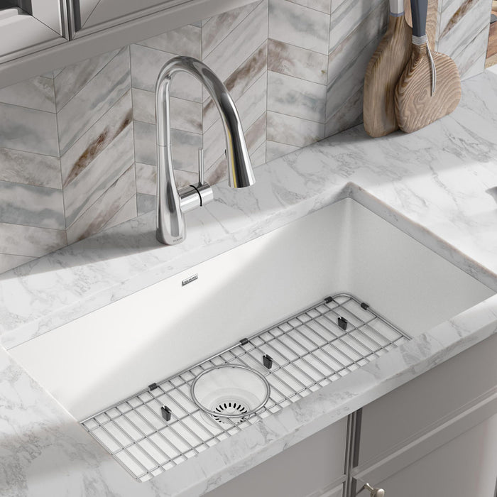 Elkay ELGRU13322WH0C 33" x 18-23/50" Quartz Single-Bowl Undermount Kitchen Sink Kit in White