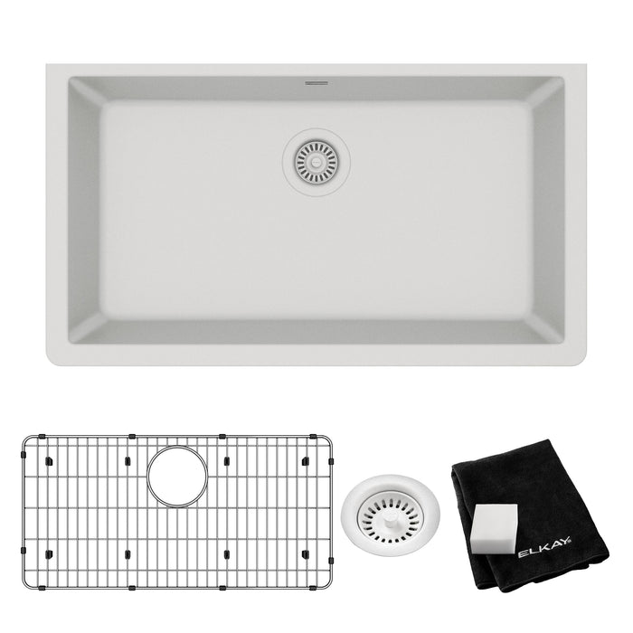 Elkay ELGRU13322WH0C 33" x 18-23/50" Quartz Single-Bowl Undermount Kitchen Sink Kit in White