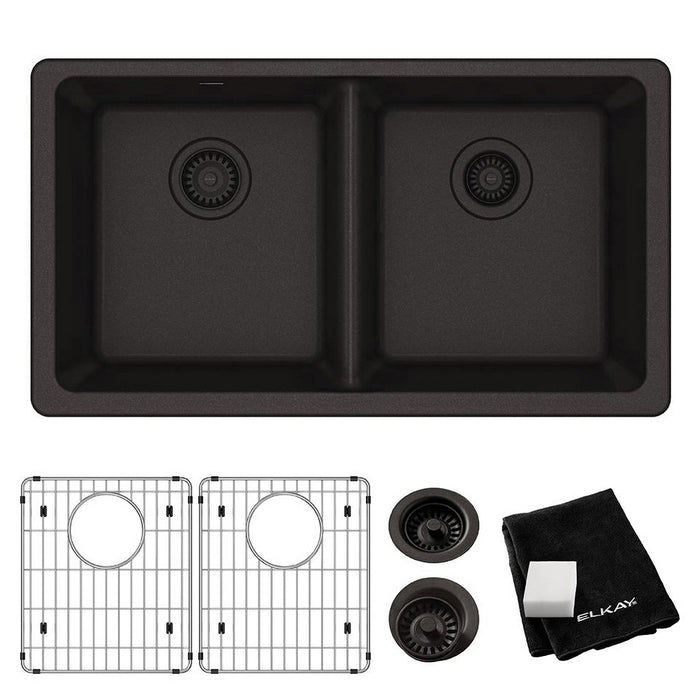 Elkay ELGU3322BK0C 33" x 18-1/2" Quartz Double-Bowl Undermount Kitchen Sink Kit in Black