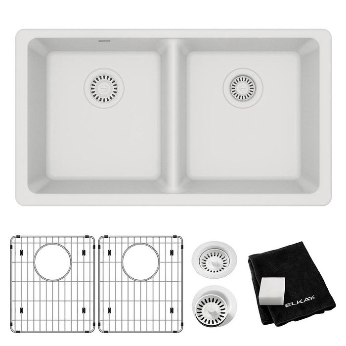 Elkay ELGU3322WH0C 33" x 18-1/2" Quartz Double-Bowl Undermount Kitchen Sink Kit in White