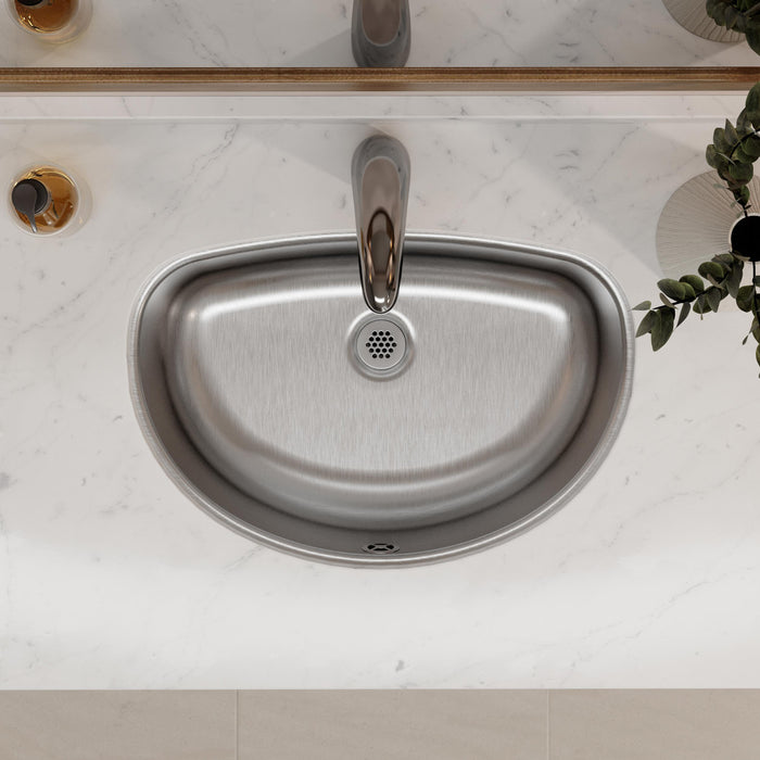 Top view of an oval stainless steel bathroom sink and faucet
