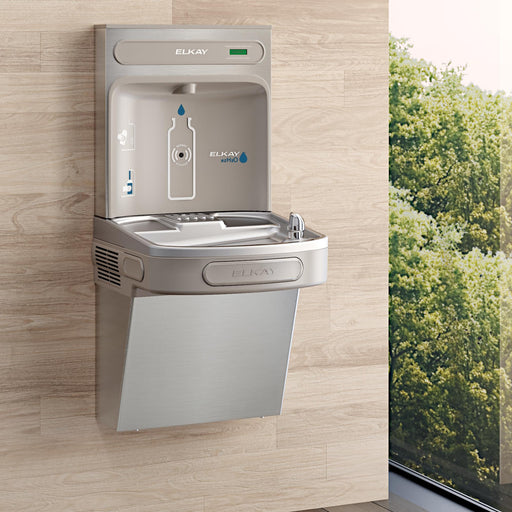 Wall-mounted Elkay bottle filling station and drinking fountain in an interior corridor