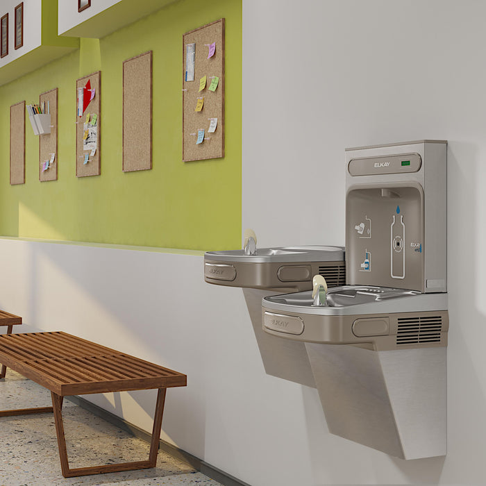 Elkay bi-level bottle filling station and drinking fountains in a school hallway