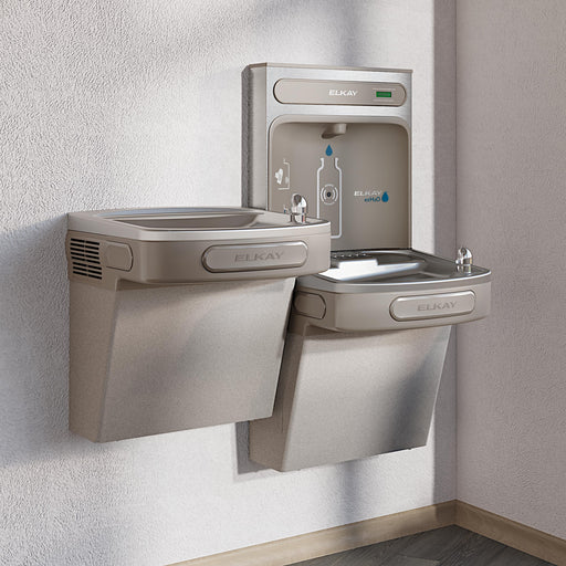 Elkay bi-level bottle filling station and drinking fountains installed on a wall