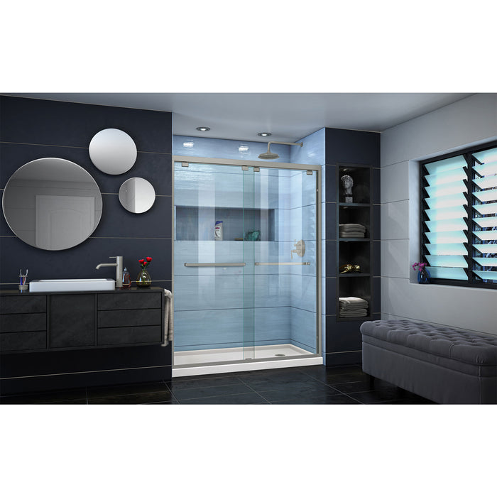 DreamLine DL-7005R-22-04 Encore 32"D x 60"W x 78 3/4"H Bypass Shower Door in Brushed Nickel and Right Drain Biscuit Base Kit