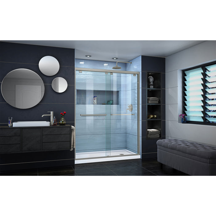 DreamLine DL-7007R-04 Encore 36"D x 60"W x 78 3/4"H Bypass Shower Door in Brushed Nickel and Right Drain White Base Kit