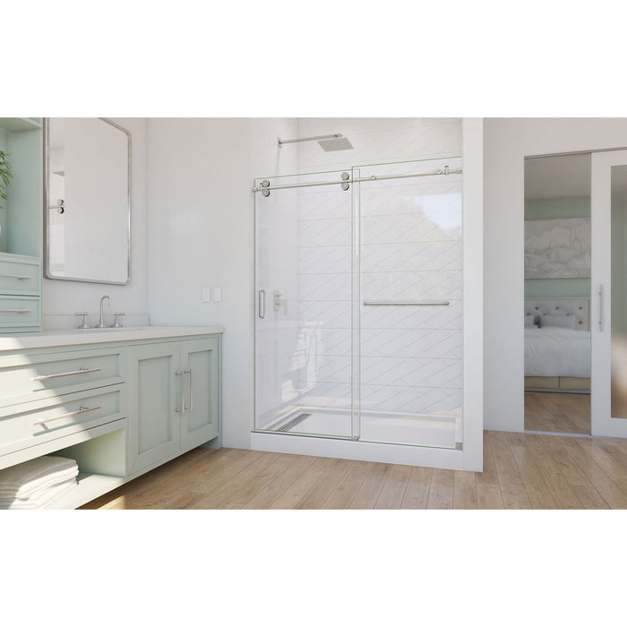 DreamLine SD6160W760VTX07 Enigma-CXO 56-60"W x 76"H Fully Frameless Sliding Shower Door in Brushed Stainless Steel with Towel Bar