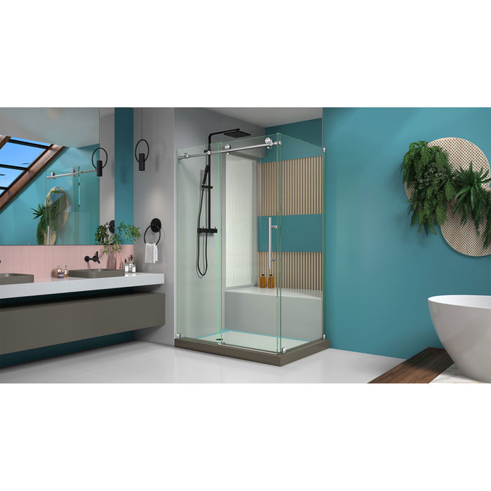 DreamLine SHEN-6132481-07 Enigma-X 32 1/2"D x 48 3/8"W x 76"H Fully Frameless Sliding Shower Enclosure in Brushed Stainless Steel