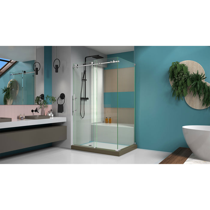 DreamLine SHEN-6132481-07 Enigma-X 32 1/2"D x 48 3/8"W x 76"H Fully Frameless Sliding Shower Enclosure in Brushed Stainless Steel