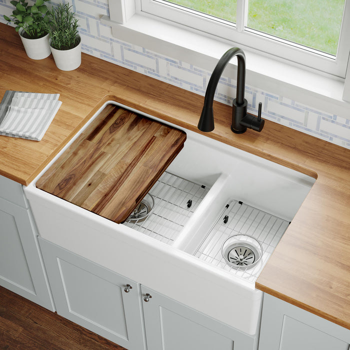 Elkay F23320CBWHC 33" x 19-23/25" Fireclay Double-Bowl Farmhouse Kitchen Sink Kit in White