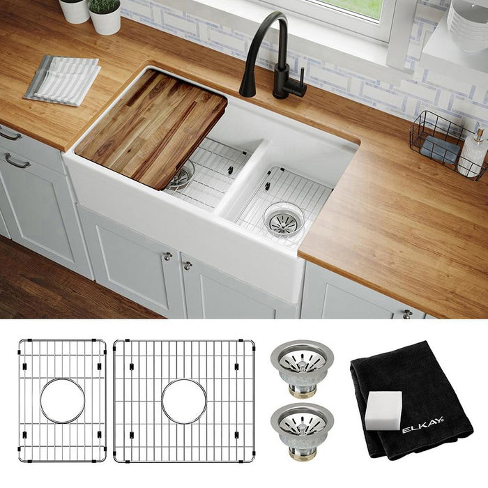 Elkay F23320CBWHC 33" x 19-23/25" Fireclay Double-Bowl Farmhouse Kitchen Sink Kit in White