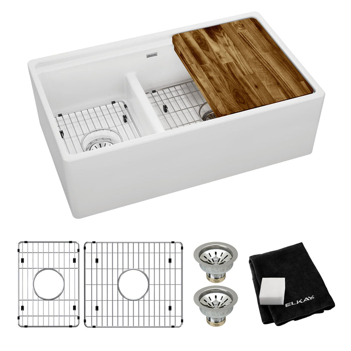 Elkay F23320CBWHC 33" x 19-23/25" Fireclay Double-Bowl Farmhouse Kitchen Sink Kit in White