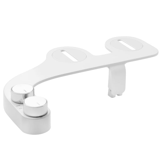 Brondell FSR-25 white FreshSpa Comfort+ attachment at an angle, showing both control knobs and mounting slots