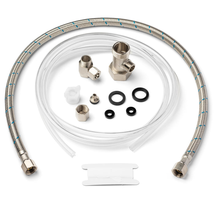 Brondell FSR-25 FreshSpa installation kit with braided hose, tubing, T-valves, washers, and fittings