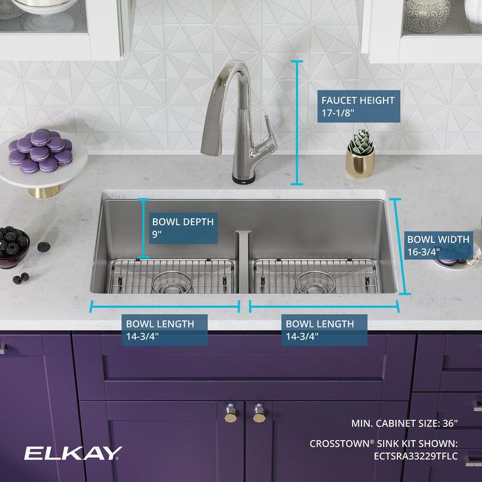 Elkay ECTSRA33229TFLC 33" x 22" Stainless Steel Double-Bowl Dual-Mount Kitchen Sink Kit in Stainless Steel