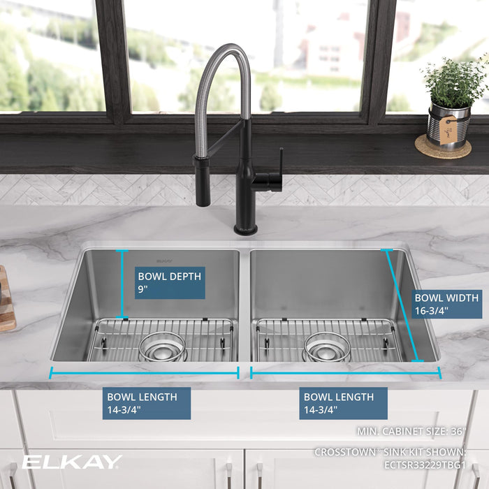 Elkay ECTSR33229TBGFR2 33" x 22" Stainless Steel Double-Bowl Dual-Mount Kitchen Sink Kit in Polished Satin
