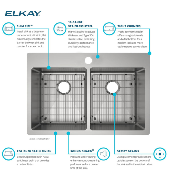 Elkay ECTSR33229TBGFR2 33" x 22" Stainless Steel Double-Bowl Dual-Mount Kitchen Sink Kit in Polished Satin