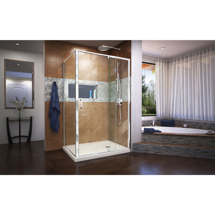 DreamLine DL-6719R-22-01 Flex 36"D x 48"W x 74 3/4"H Semi-Frameless Pivot Shower Enclosure in Chrome and Right Drain Biscuit Base Kit