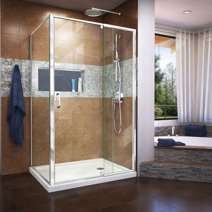 DreamLine DL-6719R-01CL Flex 36"D x 48"W x 74 3/4"H Semi-Frameless Pivot Shower Enclosure in Chrome with Right Drain White Base Kit