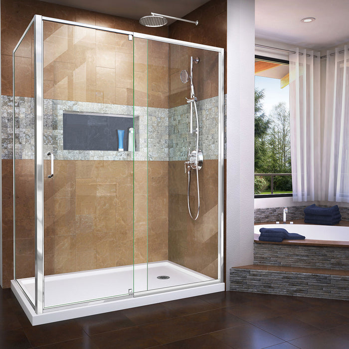 DreamLine DL-6720R-01CL Flex 36"D x 60"W x 74 3/4"H Semi-Frameless Pivot Shower Enclosure in Chrome with Right Drain White Base Kit